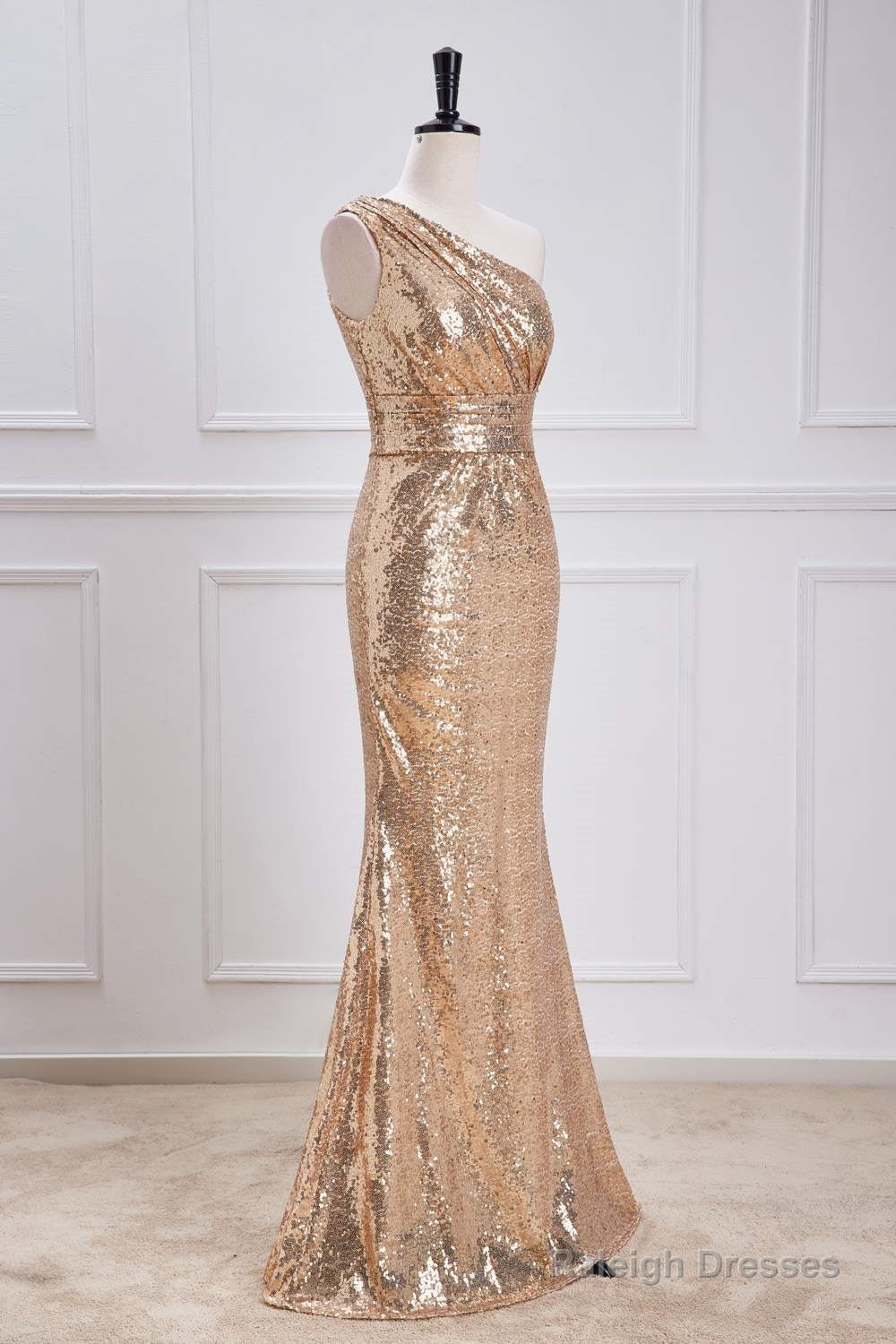 One Shoulder Pleated Gold Sequin Mermaid Bridesmaid Dress