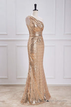 One Shoulder Pleated Gold Sequin Mermaid Bridesmaid Dresses