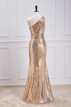 One Shoulder Pleated Gold Sequin Mermaid Bridesmaid Dress