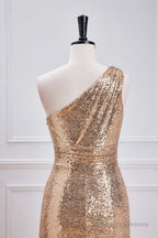 One Shoulder Pleated Gold Sequin Mermaid Bridesmaid Dress