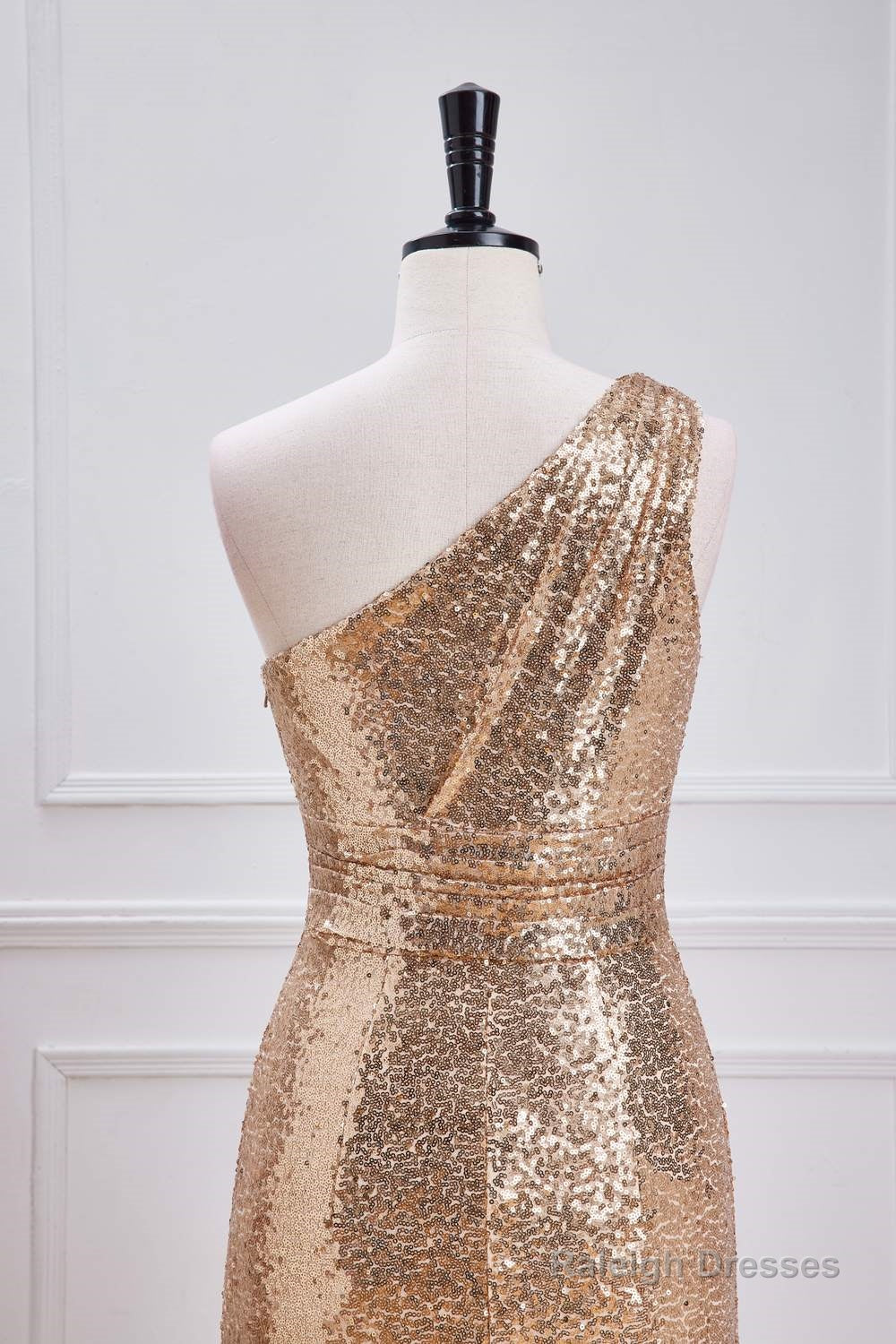 One Shoulder Pleated Gold Sequin Mermaid Bridesmaid Dress