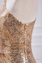 One Shoulder Pleated Gold Sequin Mermaid Bridesmaid Dress