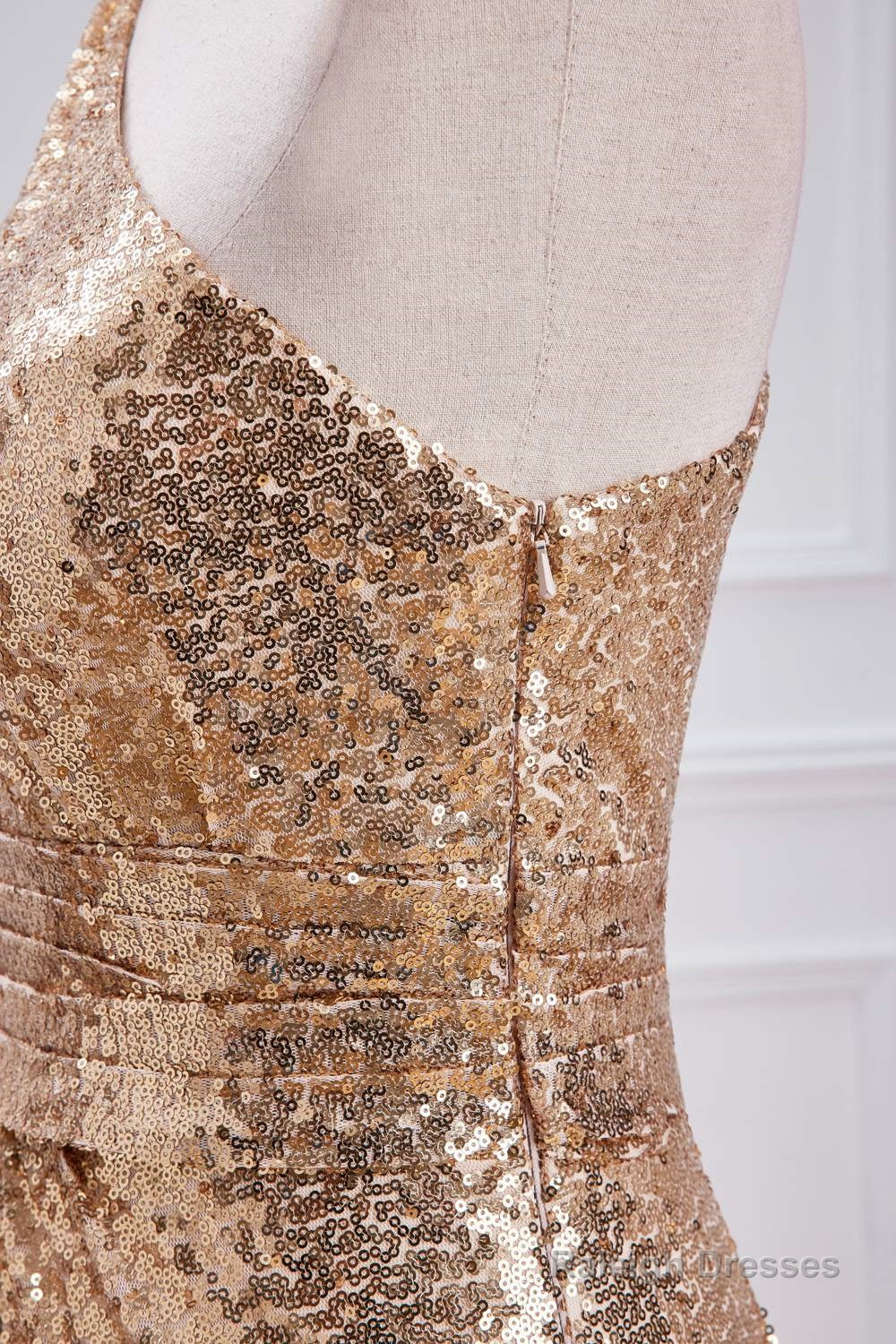 One Shoulder Pleated Gold Sequin Mermaid Bridesmaid Dress