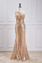 One Shoulder Pleated Gold Sequin Mermaid Bridesmaid Dresses