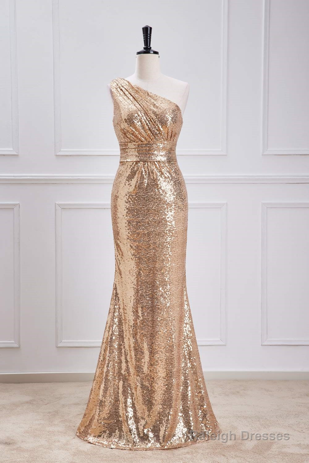 One Shoulder Pleated Gold Sequin Mermaid Bridesmaid Dresses