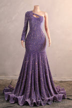 One Shoulder Purple Prom Dresses Sequin Mermaid Long Evening Formal Dresses