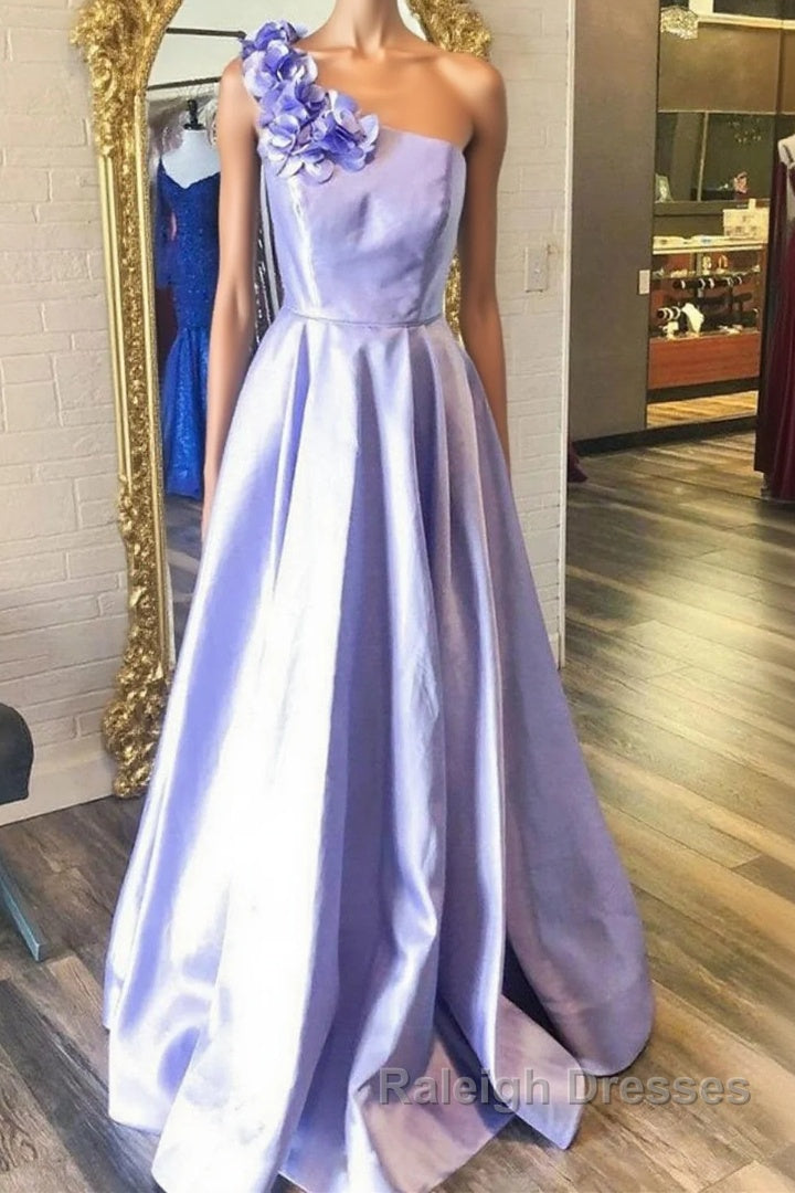 One Shoulder Purple Satin Long Prom Dresses with Flowers, Purple Formal Evening Dresses Main image