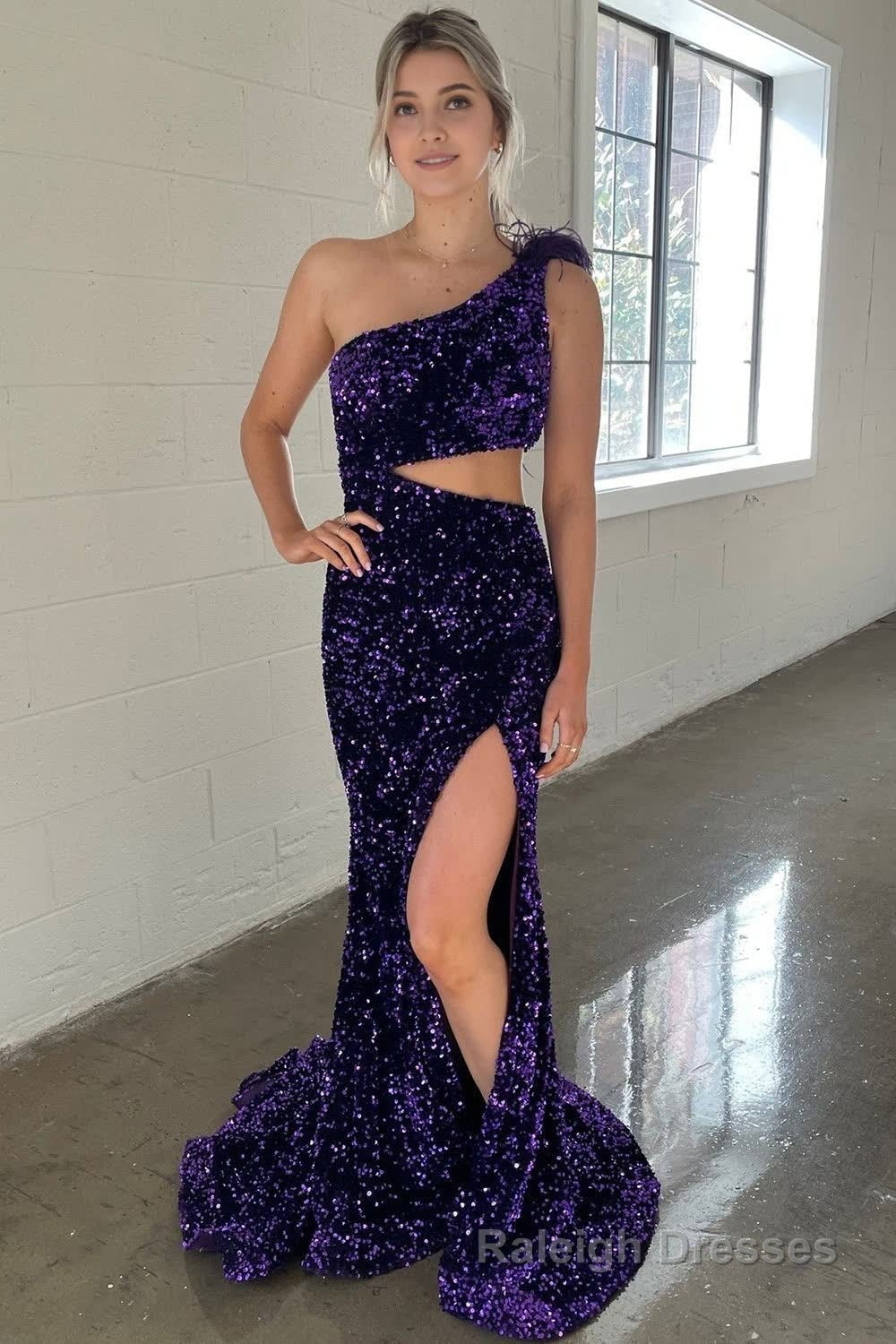 One Shoulder Purple Sparkly Mermaid Sequins Long Prom Dress with Slit Main image