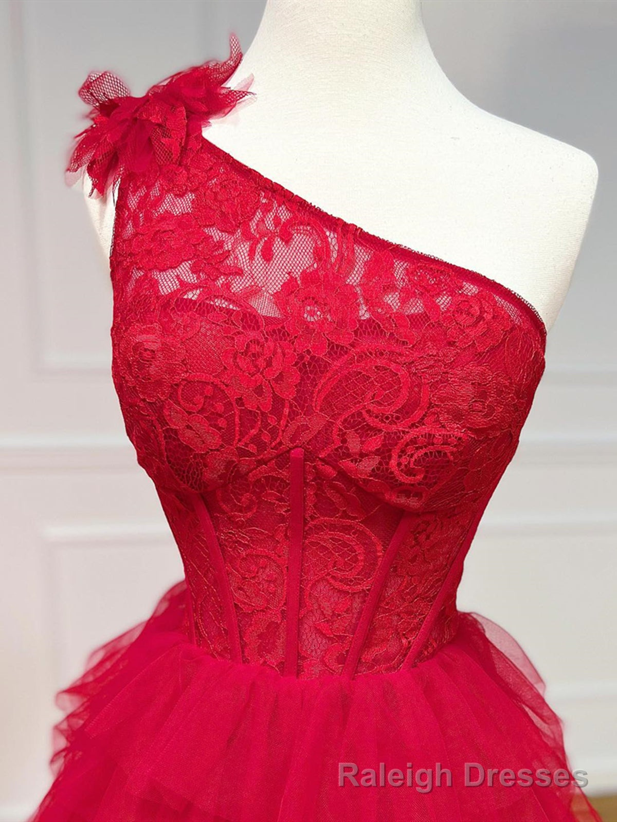 One Shoulder Red Lace High Low Prom Dresses, Red High Low Lace Formal Prom Dresses