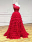 One Shoulder Red Lace High Low Prom Dresses, Red High Low Lace Formal Prom Dresses