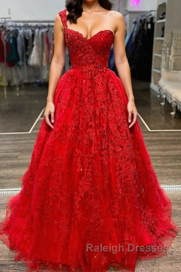 One Shoulder Red Lace Prom Dresses, One Shoulder Red Lace Formal Evening Dresses