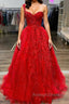 One Shoulder Red Lace Prom Dresses, One Shoulder Red Lace Formal Evening Dresses