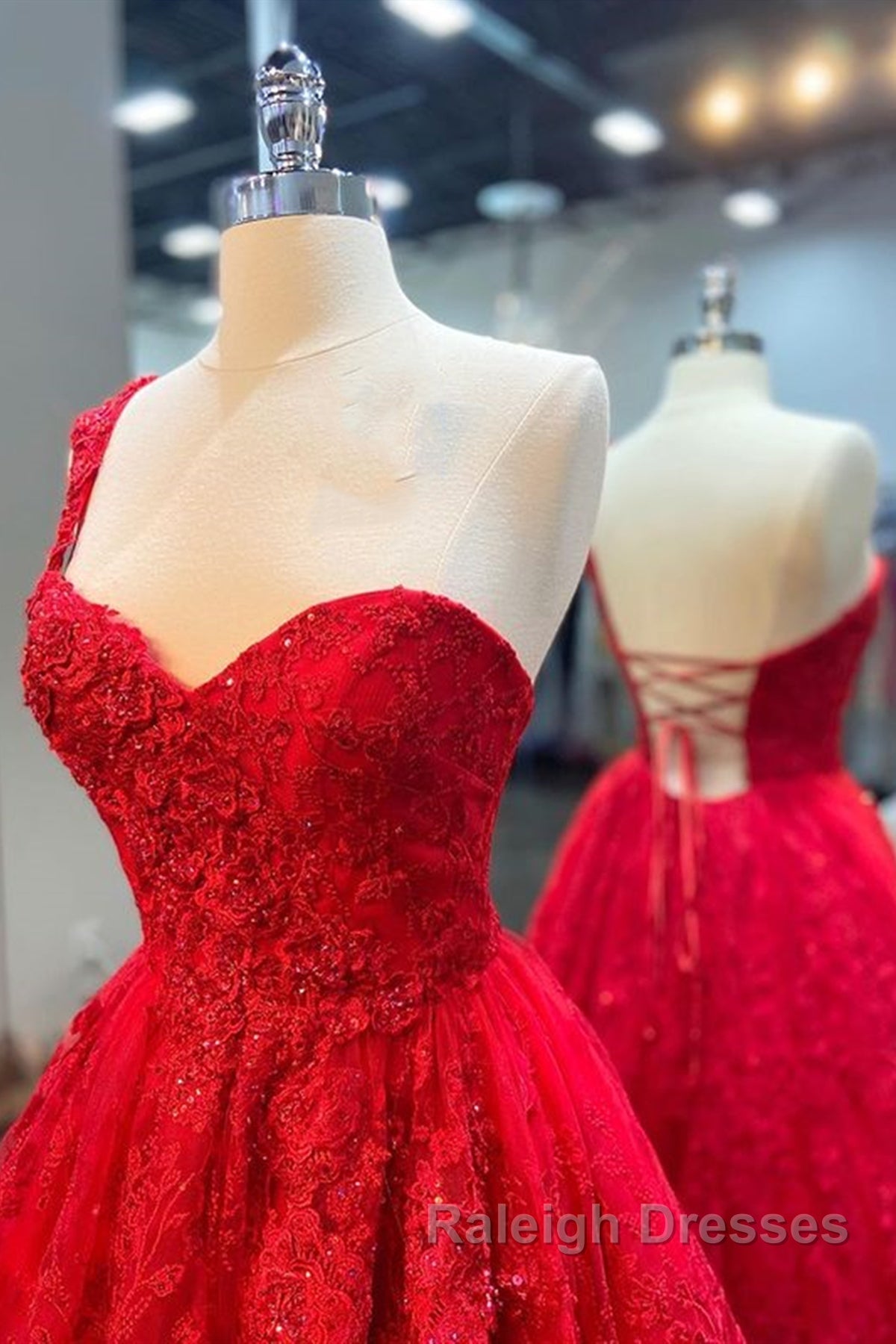 One Shoulder Red Lace Prom Dresses, One Shoulder Red Lace Formal Evening Dresses Secondary image
