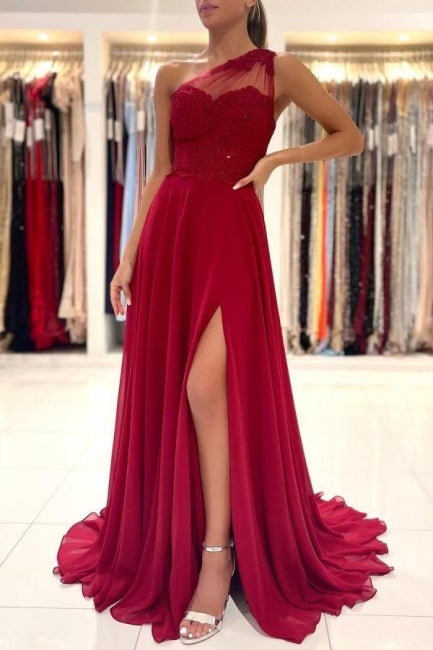 One Shoulder Red Prom Dress Floor Length Sleeveless Maxi Dress With Front Slit