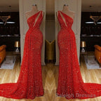 One Shoulder Red Prom Dress Sequins Long On Sale