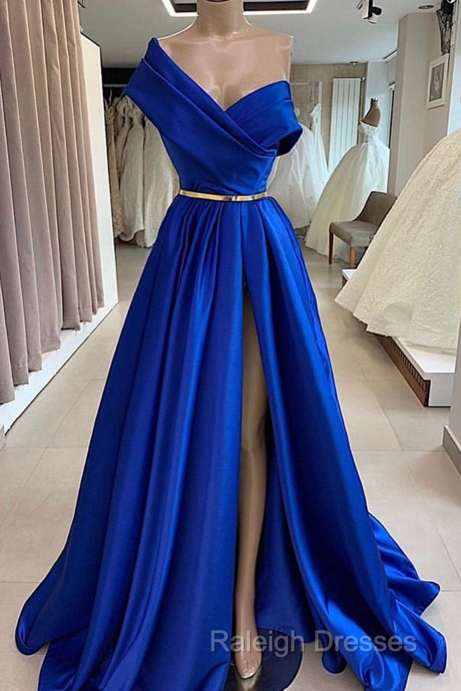 One Shoulder Royal Blue Floor Length Prom Dress With High Slit, High Slit Royal Blue Long Formal Evening Dresses Secondary image