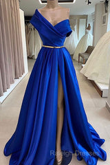 One Shoulder Royal Blue Floor Length Prom Dress With High Slit, High Slit Royal Blue Long Formal Evening Dresses