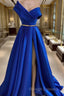 One Shoulder Royal Blue Floor Length Prom Dress With High Slit, High Slit Royal Blue Long Formal Evening Dresses