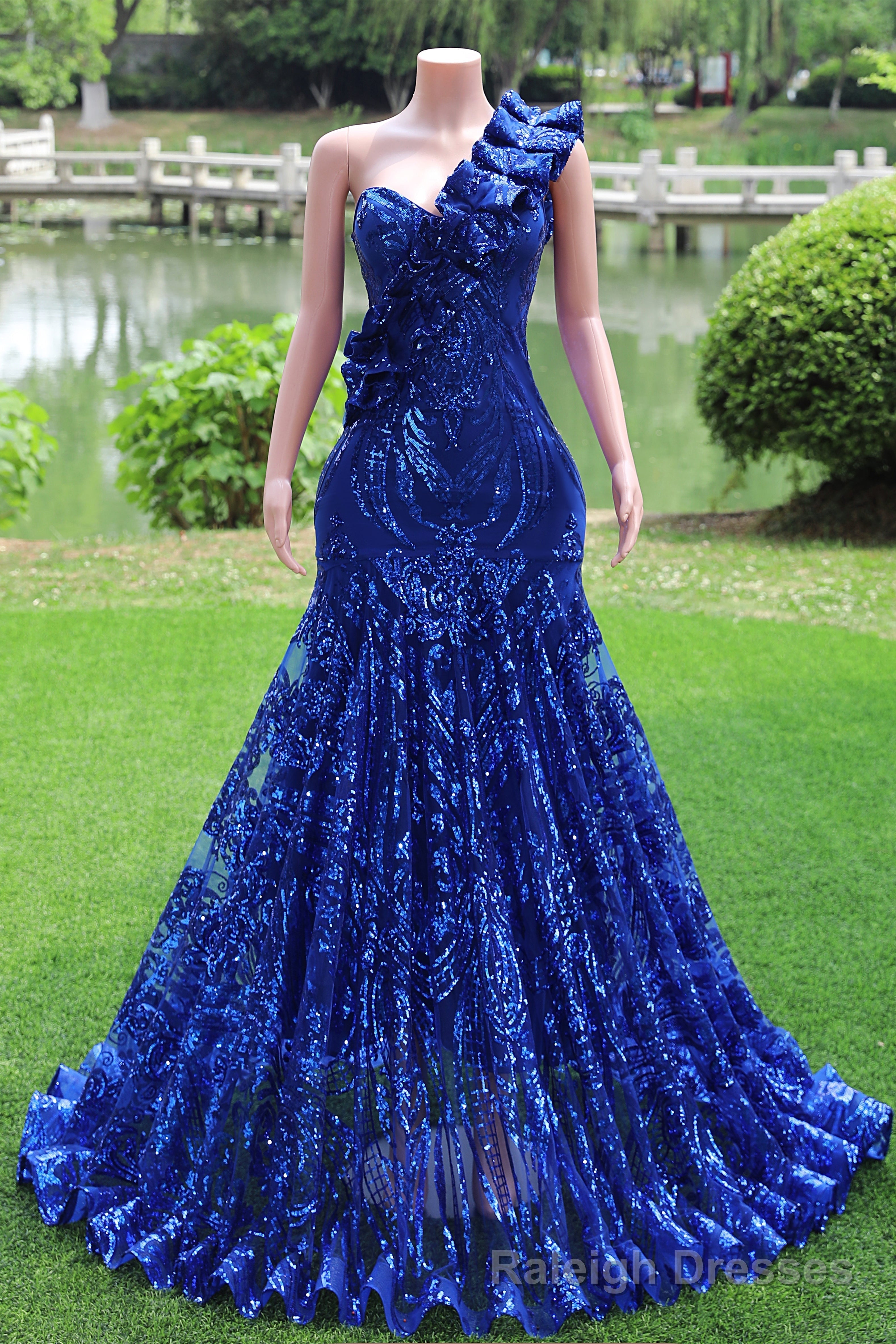 One Shoulder Royal Blue Prom Dresses Sequin Long Fromal Dresses Main image