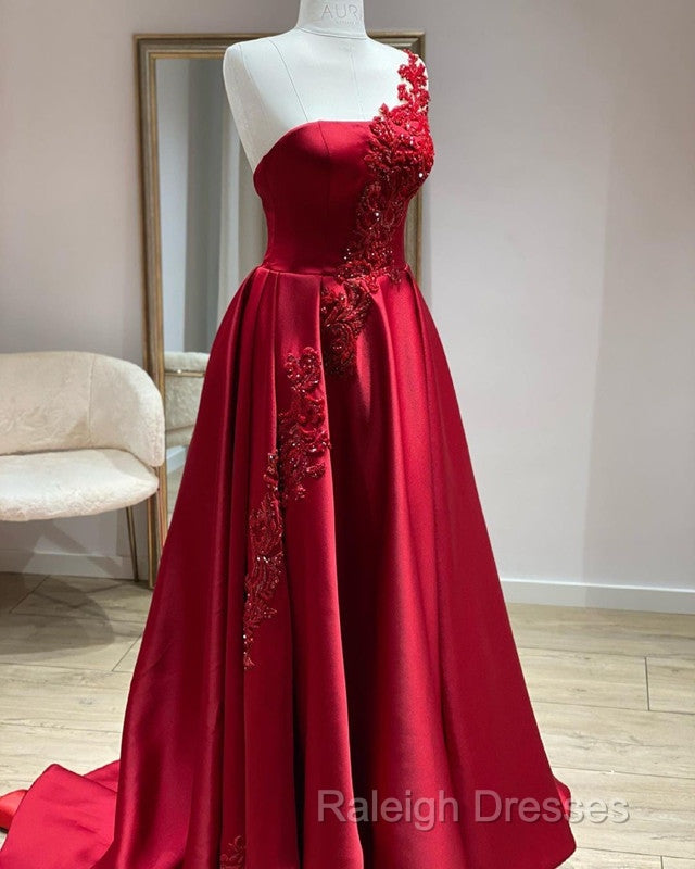 One Shoulder Satin Floor Length Prom Dresses Appliques Secondary image