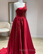 One Shoulder Satin Floor Length Prom Dresses Appliques