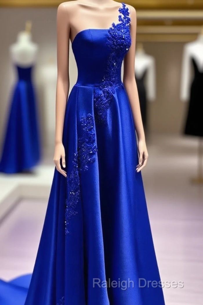 One Shoulder Satin Floor Length Prom Dresses Appliques