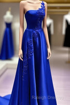 One Shoulder Satin Floor Length Prom Dress Appliques