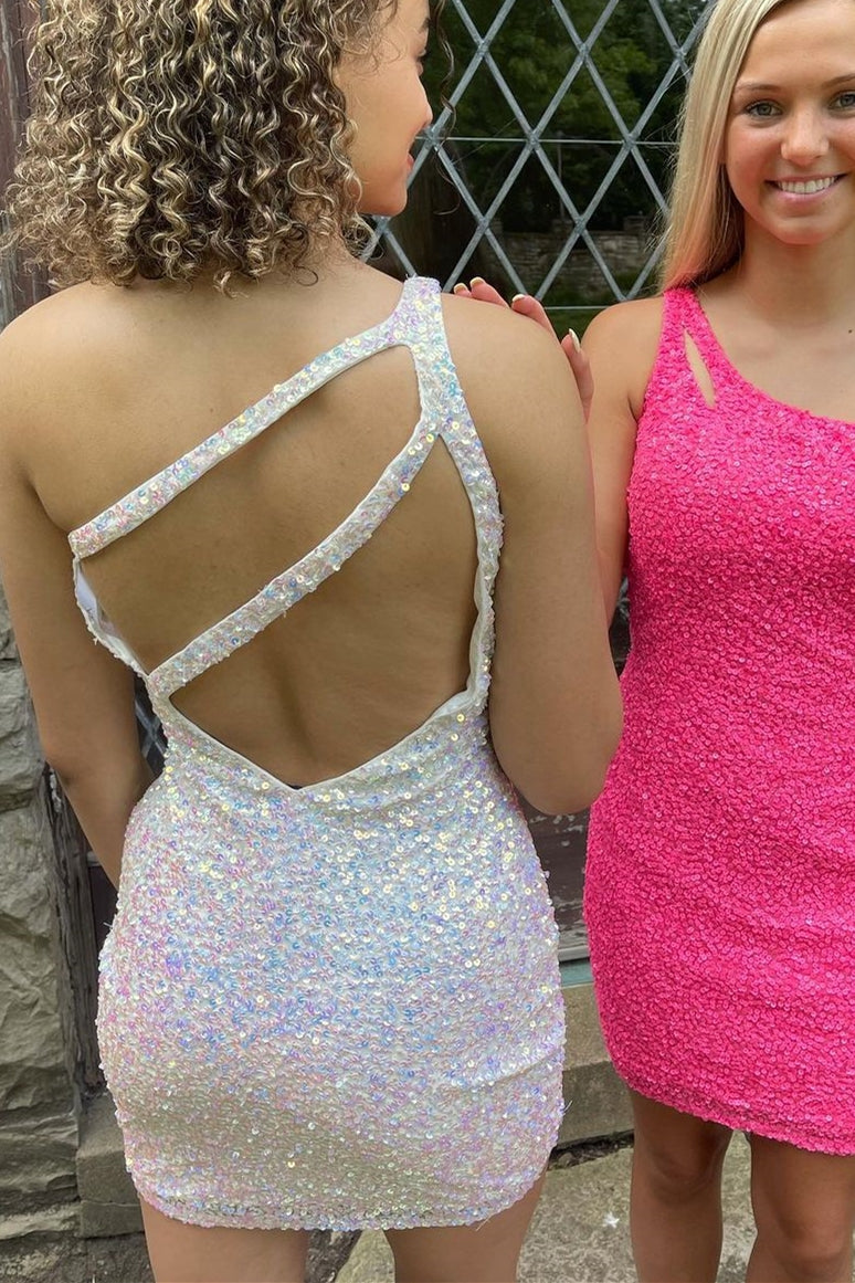 One Shoulder Sequins Bodycon Mini Dresses With Keyhole