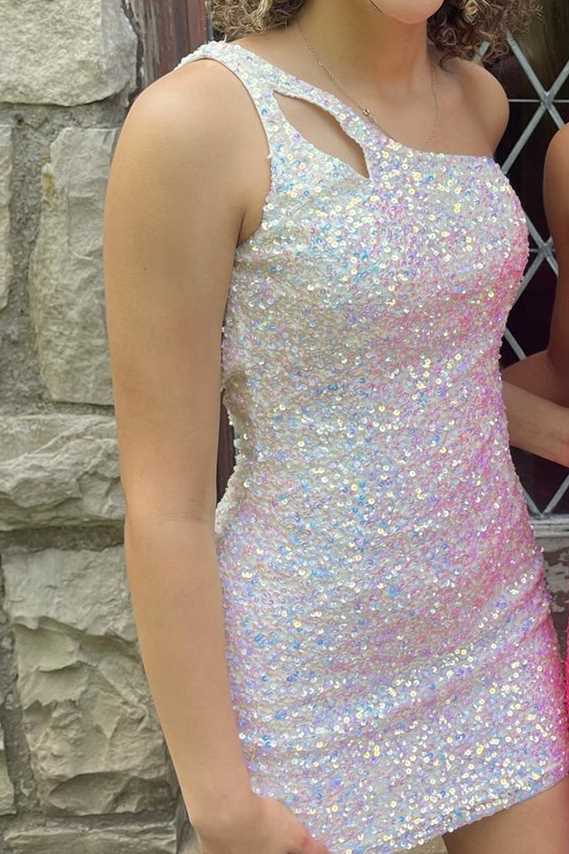 One Shoulder Sequins Bodycon Mini Dresses With Keyhole