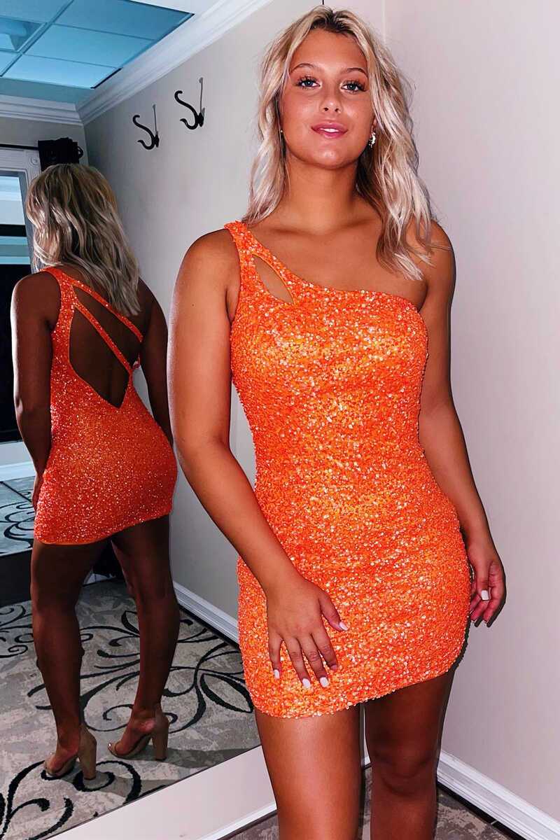 One Shoulder Sequins Bodycon Mini Dresses With Keyhole