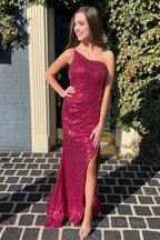 One Shoulder Sequins Mermaid Prom Dress with Slit