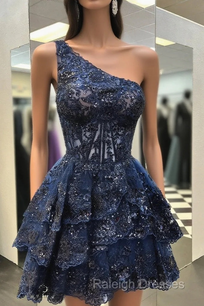 One Shoulder Short Navy Blue Lace Prom Dresses, One Shoulder Short Navy Blue Formal Homecoming Dresses
