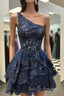 One Shoulder Short Navy Blue Lace Prom Dresses, One Shoulder Short Navy Blue Formal Homecoming Dresses