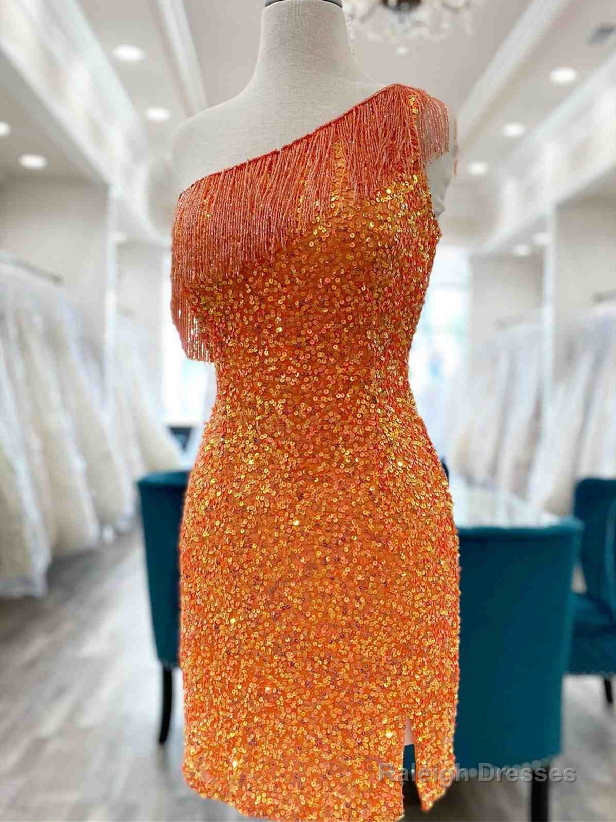 One Shoulder Short Tight Orange Blue Prom Dresses, One Shoulder Short Formal Homecoming Dresses Main image