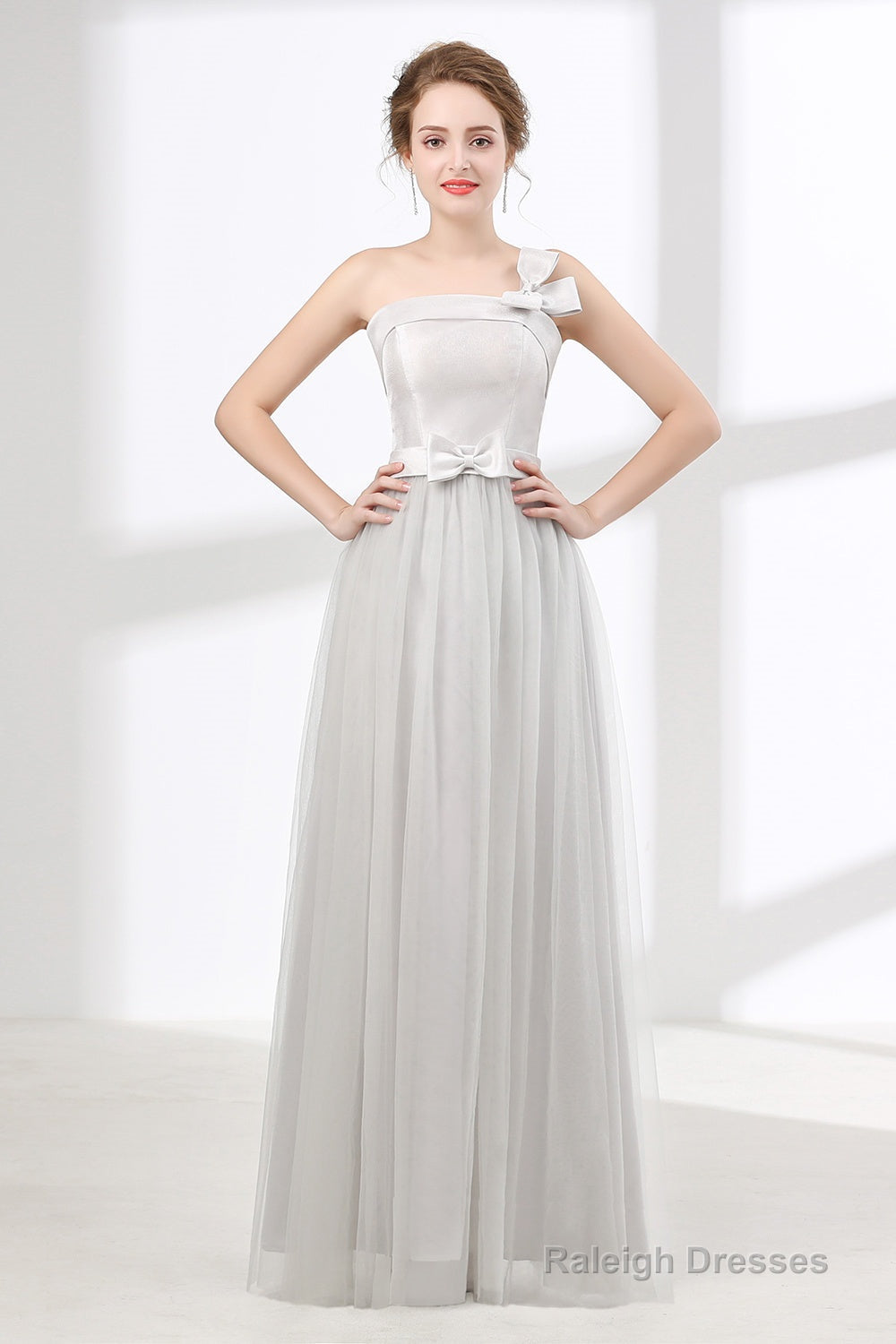 One Shoulder Soft Gray Floor Length Prom Dresses Main image