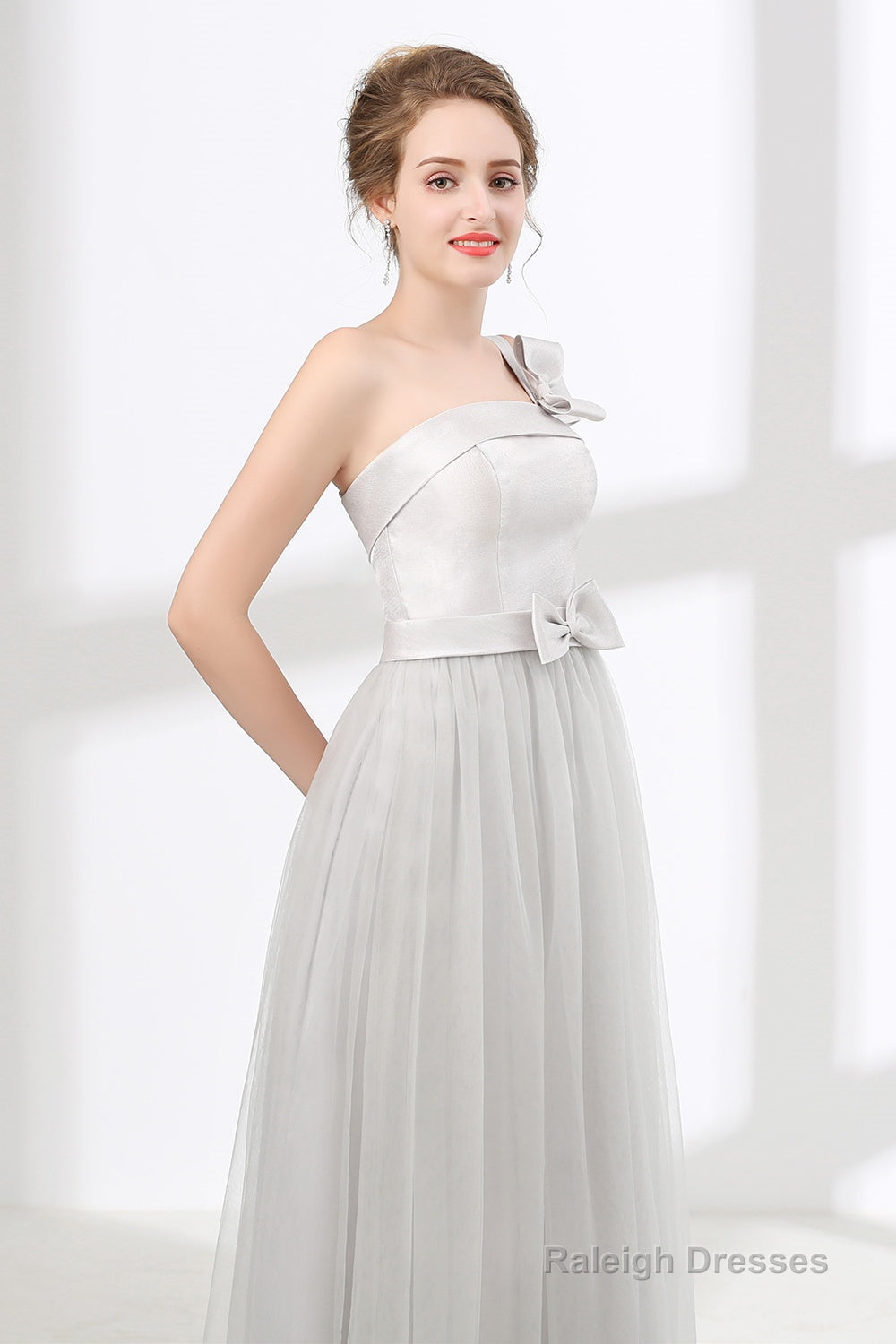 One Shoulder Soft Gray Floor Length Prom Dresses
