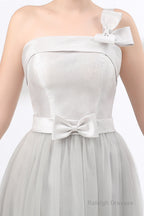 One Shoulder Soft Gray Floor Length Prom Dresses