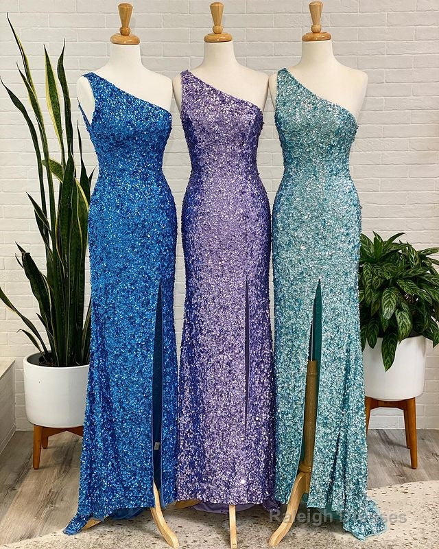 One Shoulder Sparkly Prom Dress Long With Slit Prom Dress Charming Dance Dresses