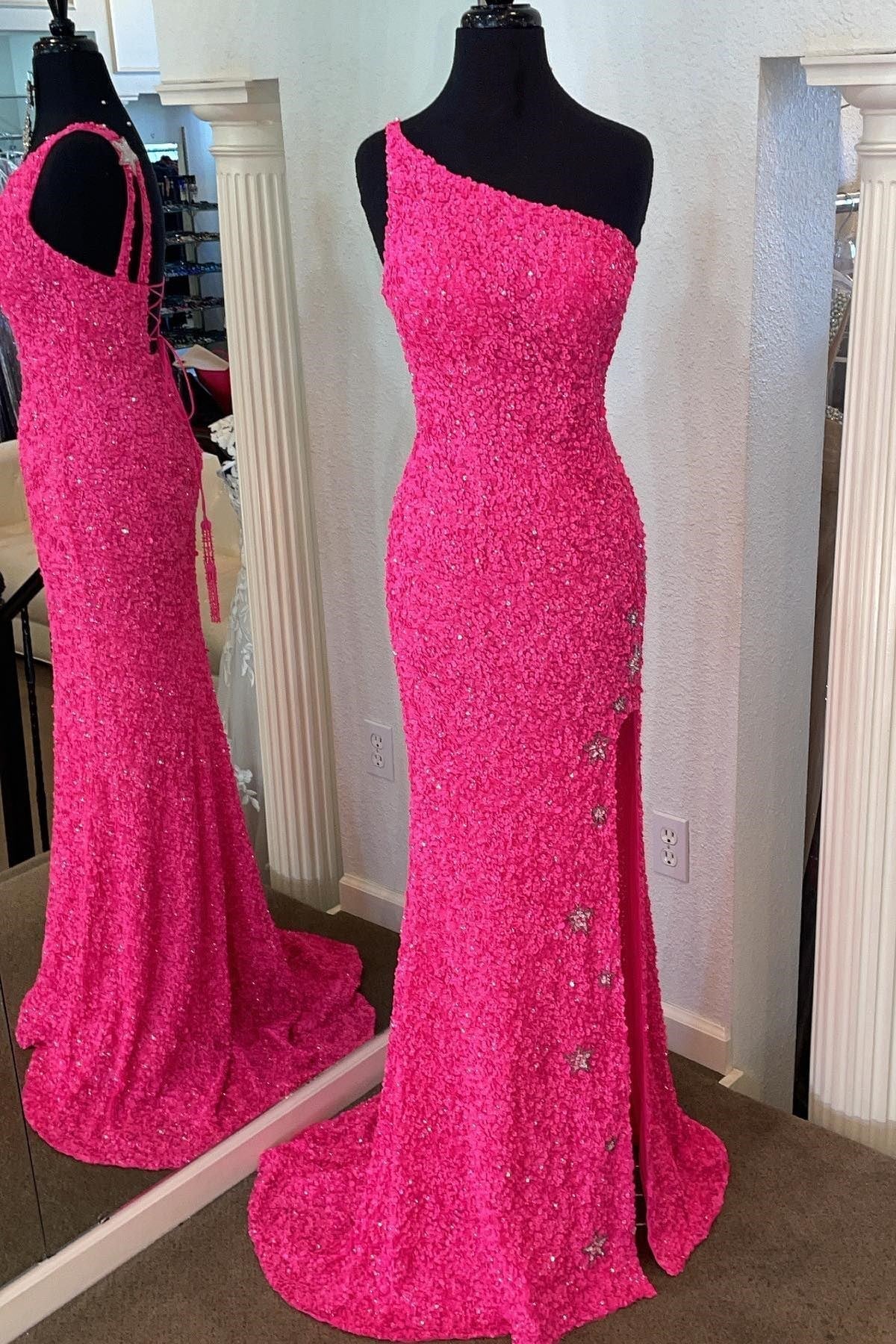 One Shoulder Stars Mermaid Sequins Prom Dresses With Slit Secondary image