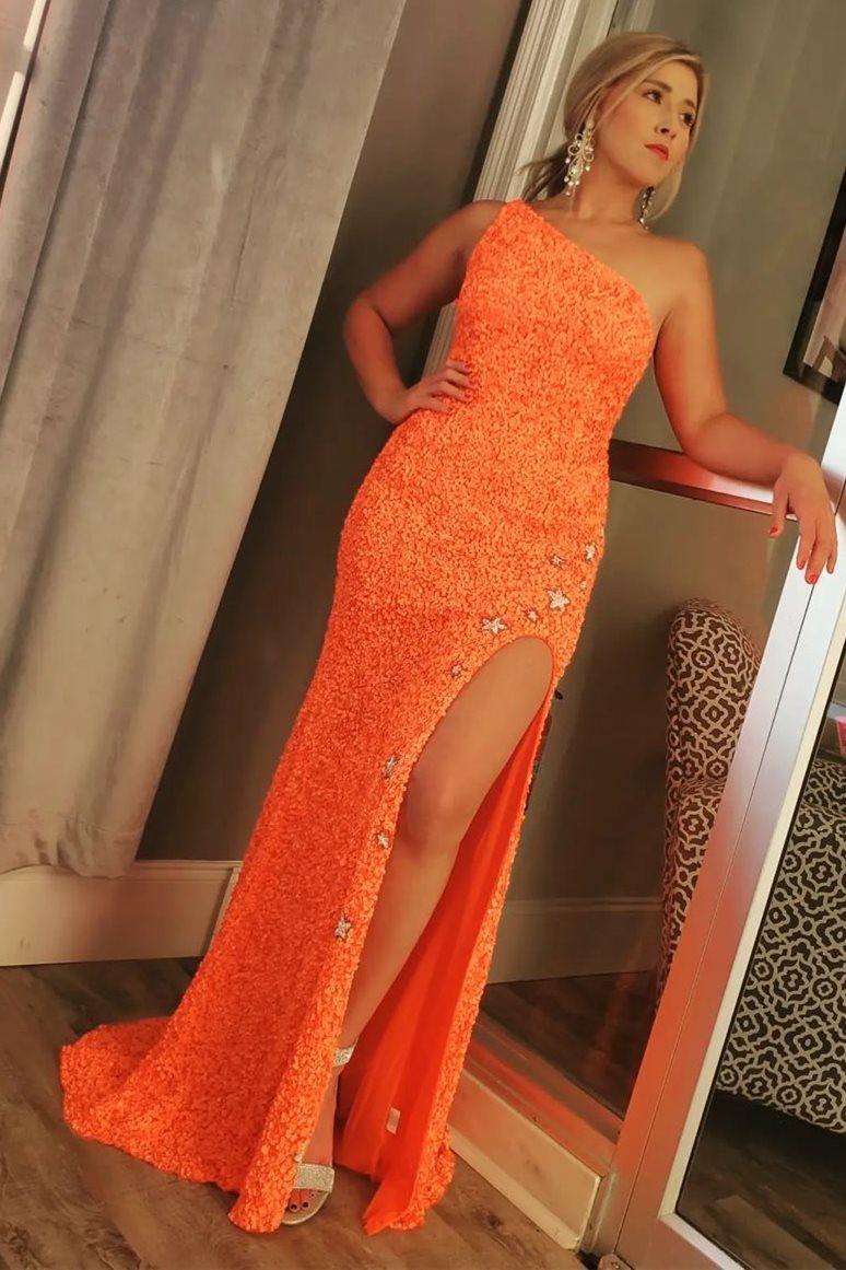 One Shoulder Stars Mermaid Sequins Prom Dresses With Slit