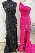 One Shoulder Stars Mermaid Sequins Prom Dresses With Slit