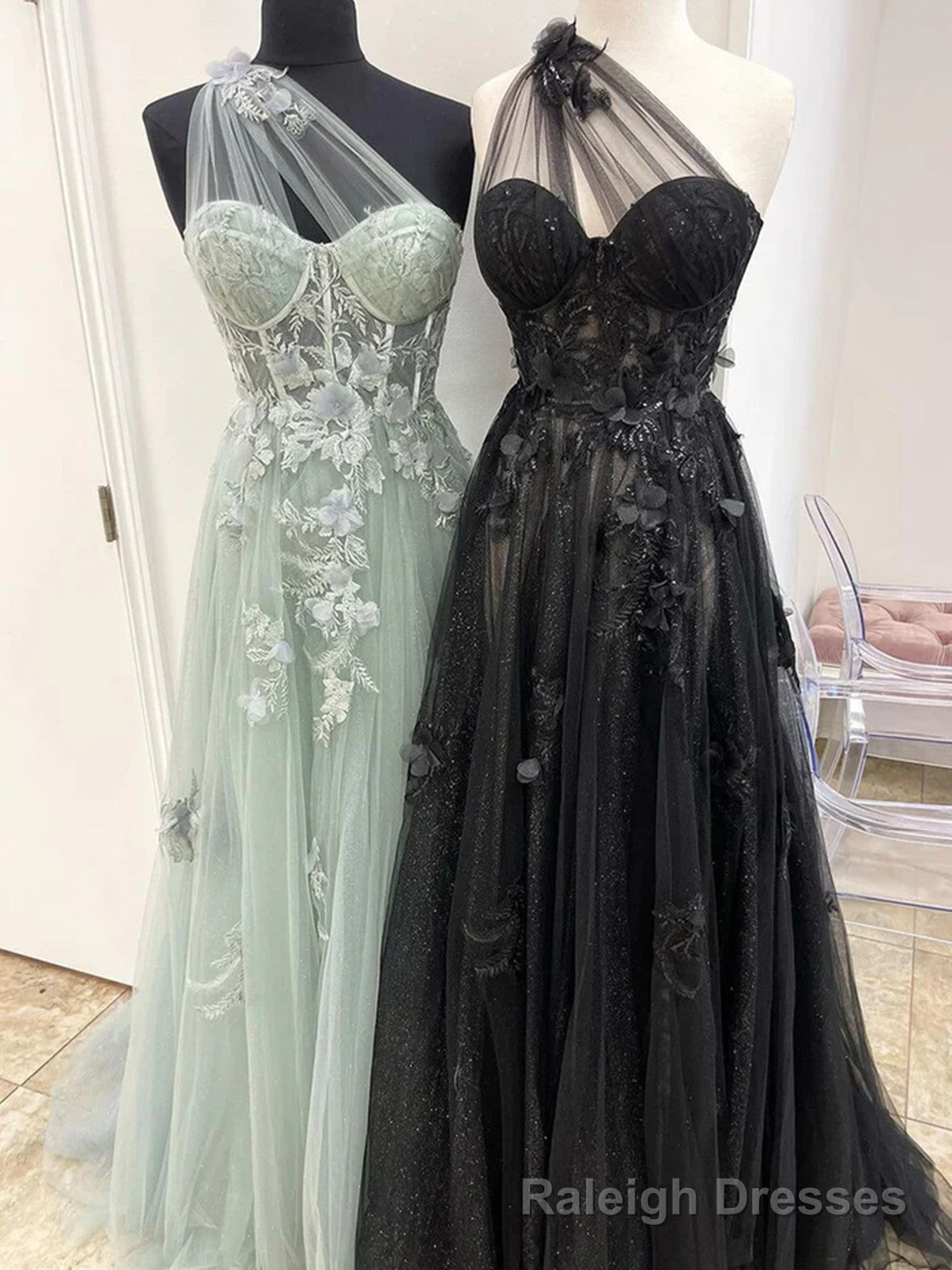 One Shoulder Tulle with Lace Applique High Slit Party Dress, Tulle Formal Prom Dress Main image