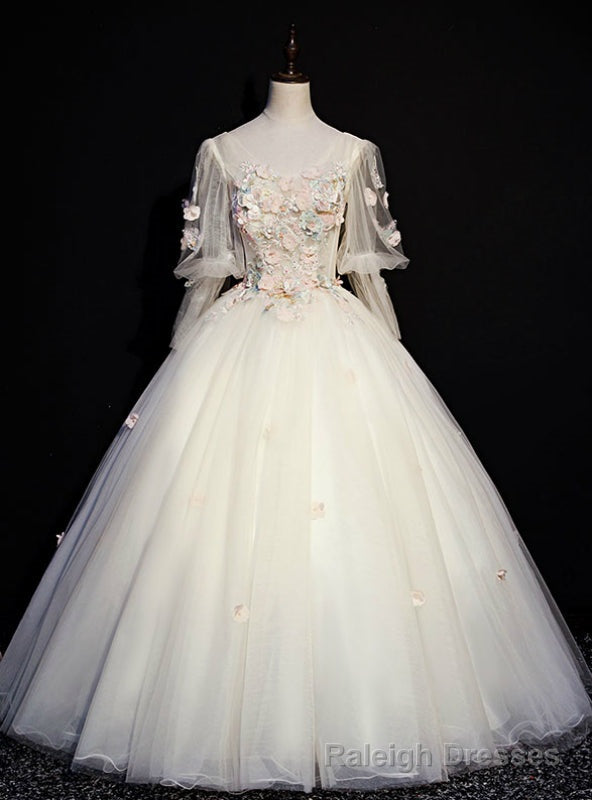 Online Store Champagne Ball Gown Tulle Appliques Long Sleeve Appliques Quinceanera Dress Main image