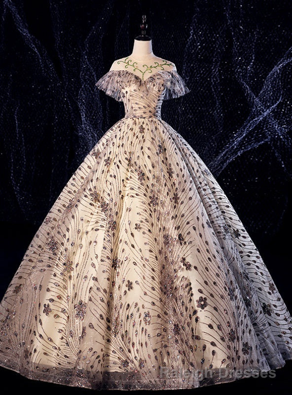Online Store Gold Ball Gowns Tulle Sequins Cap Sleeve Beading Quinceanera Dress