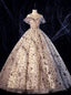 Online Store Gold Ball Gowns Tulle Sequins Cap Sleeve Beading Quinceanera Dress