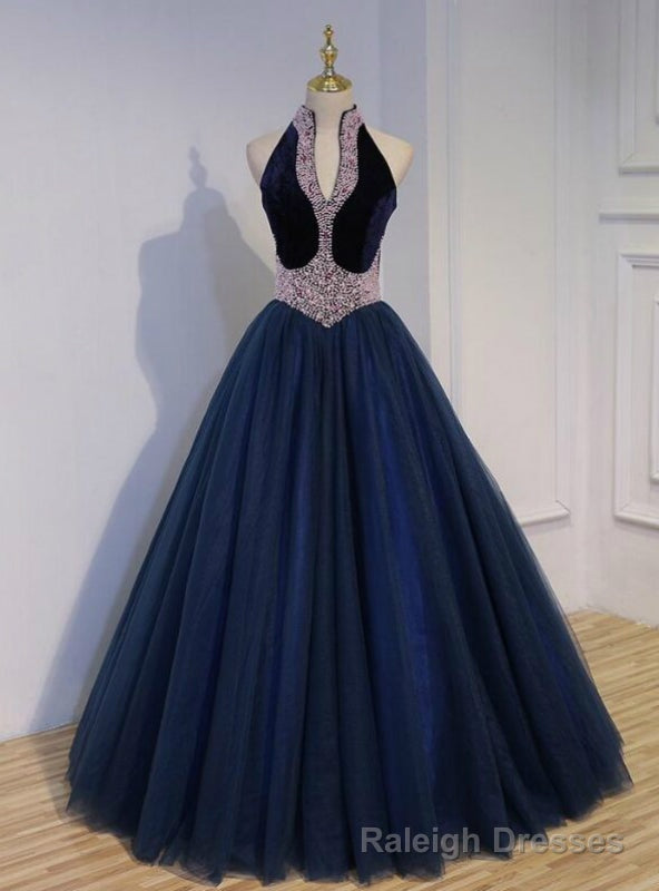 Online Store Navy Blue Ball Gowns Tulle Velvet V Neck Pearls Quinceanera Dress Main image