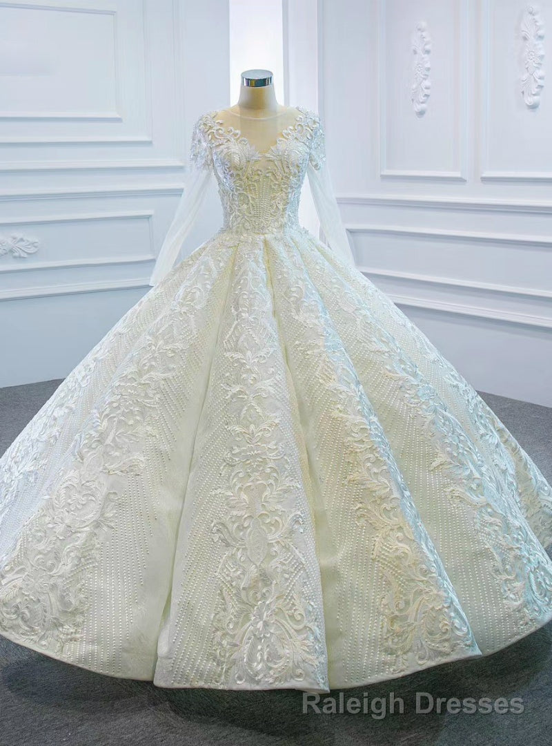 Online Store White Ball Gown Lace Appliques Long Sleeve Beading Wedding Dress Main image