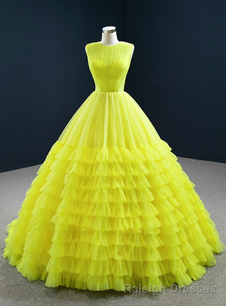 Online Store Yellow Ball Gown Tulle Pleata Tiers Floor Length Prom Dress