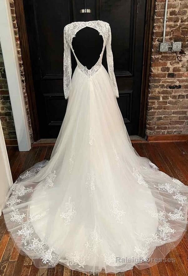 Open Back A-Line Tulle/Lace Wedding Dress With Long Sleeves