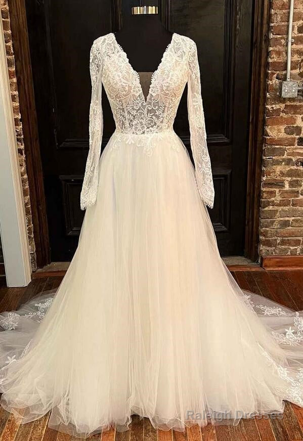 Open Back A-Line Tulle/Lace Wedding Dresses With Long Sleeves Main image
